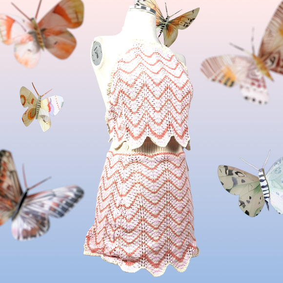 Women’s Crochet 2 Piece Set Skirt Cropped Top Backless Pink Orange Beige New WT - Picture 14 of 16